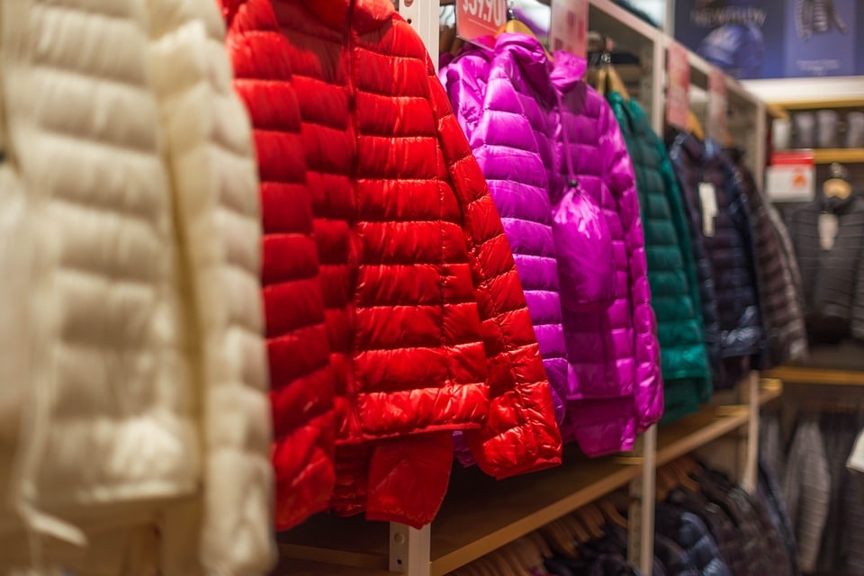 Assorted color of bubble jackets hanged