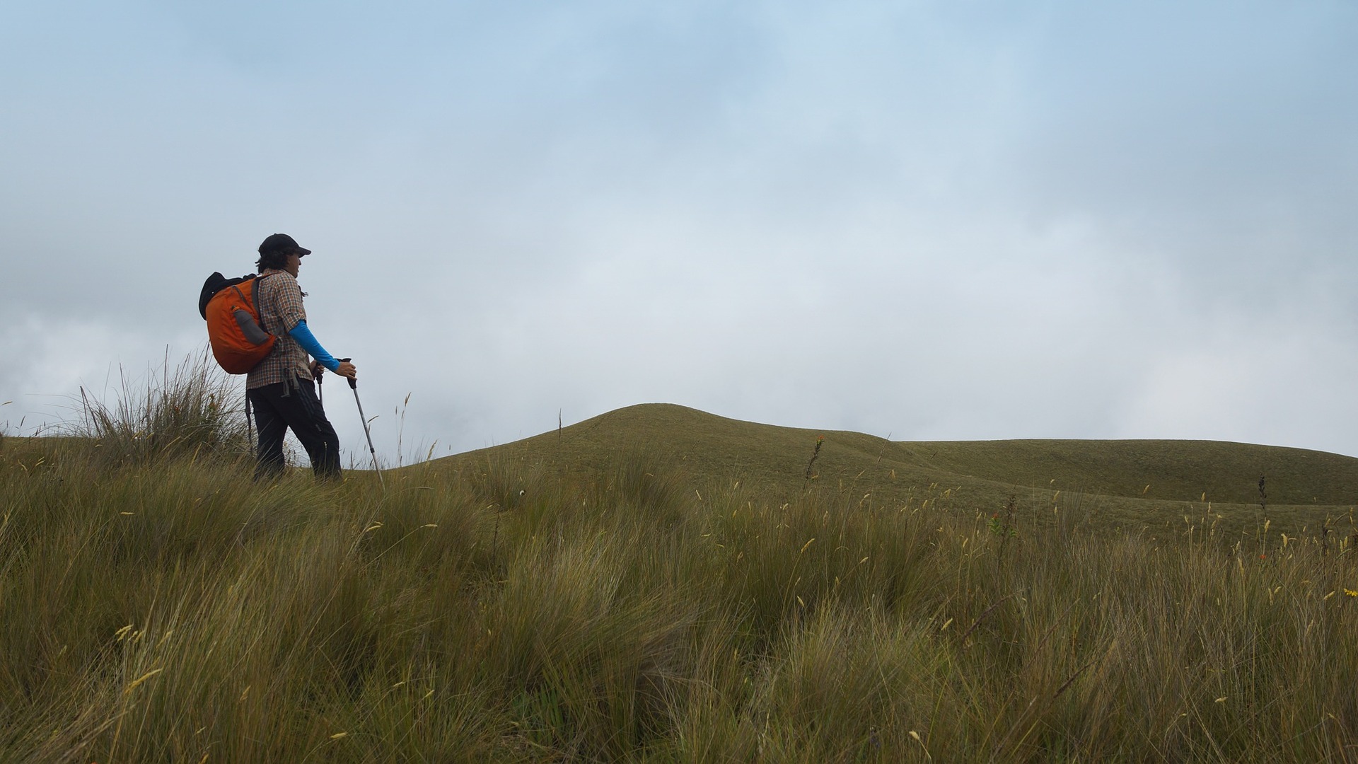 Man holding a trekking pole at the top of the mountain