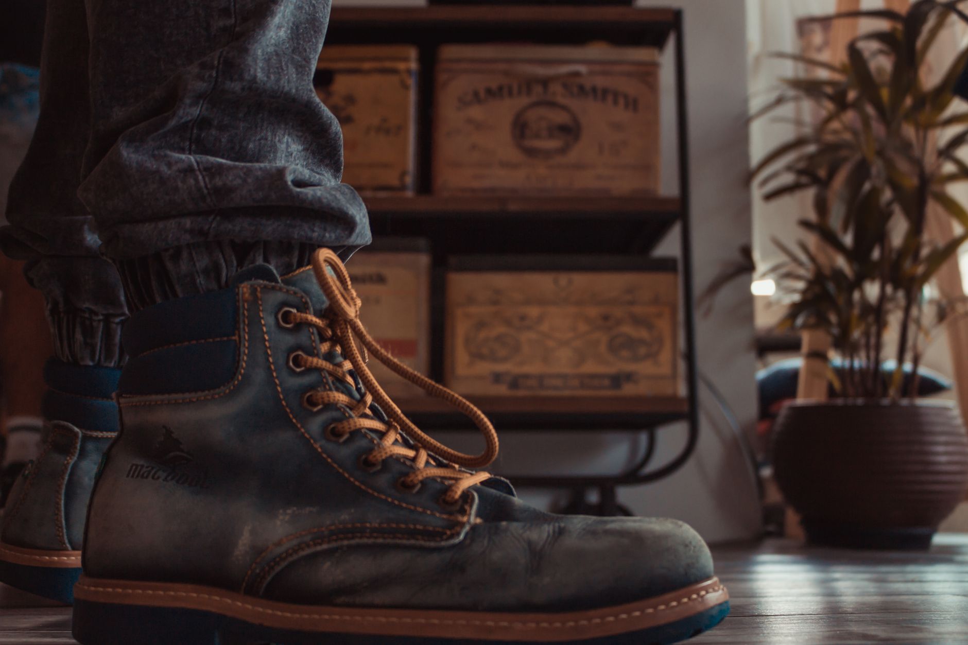 A person is wearing a hiking boots